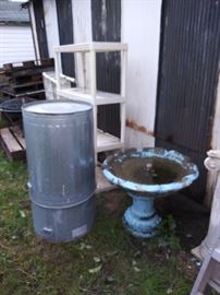 BIRD BATH AND NEW OUTSIDE CANS