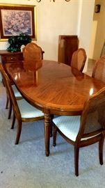 Thomasville Pecan Dining Table w/ 8 Chairs, 2 leaves and pads