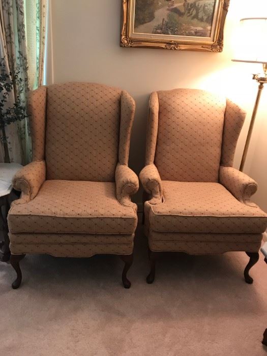 #1 (2) Gold w/burgandy wingback chairs $75 each $150.00