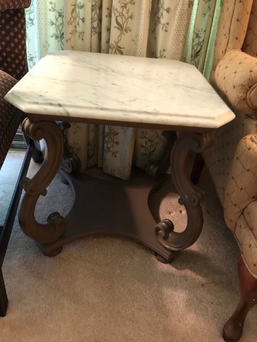 #3 Marble top Table w/Painted Taupe Base 20sqx20 $75.00