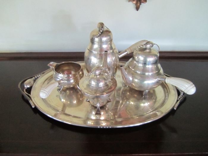STERLING SILVER TEA SET WITH MATCHING STERLING SILVER TRAY
