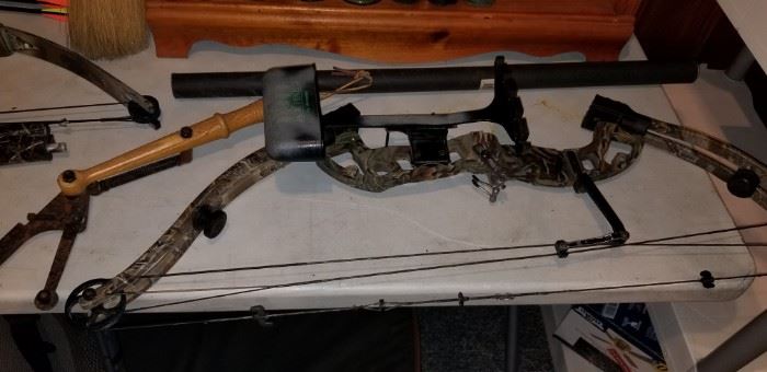 Compound Crossbow, Hand Skeet Thrower, Tube of Bow Shafts,  Etc.