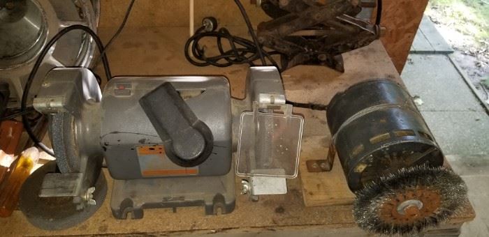 Tested and working Bench Grinder and a rigged up electric motor with a wire brush wheel.