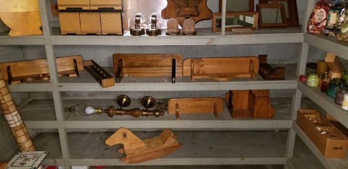 Wood shelves, etc and some Christmas in a basement room.