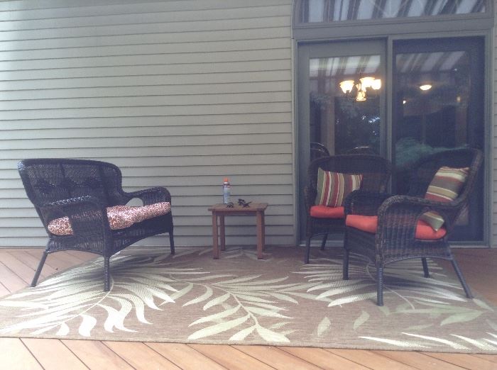 3 piece vinyl wicker patio set and area rug