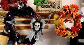 Lots of holiday wreaths for sale.