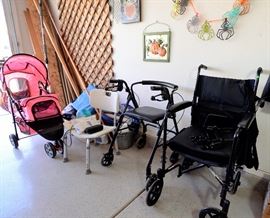 Brand New Wheel Chair for sale. Walkers and crutches and medical handicapped items along with lots of new medical supplies. A pink doggie stroller!