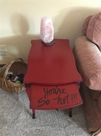 Unique sliding end table with message on pull out tray