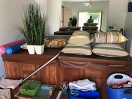 Pillows, cushions, towels, pool equipment