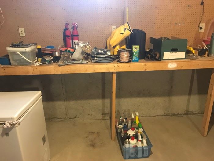 Hardware, tools, misc. hand tools and accessories (chest freezer not for sale)
