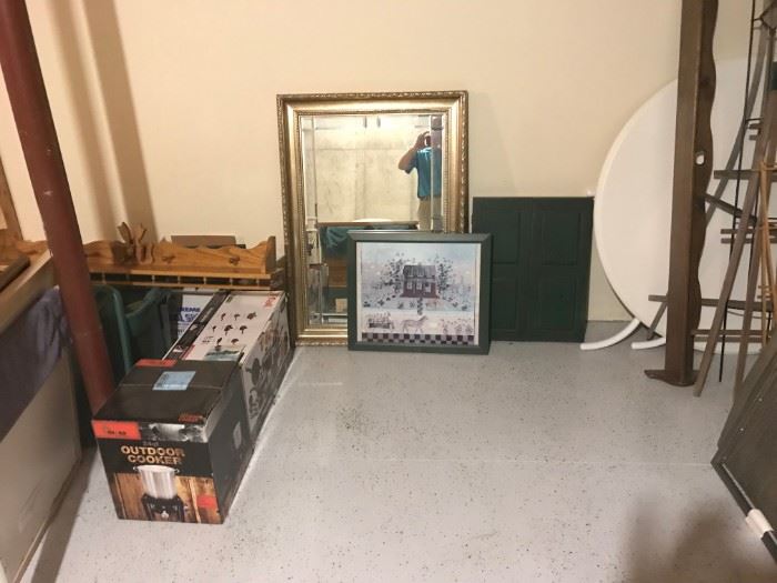 Wall shelf, pictures, and unique basement items