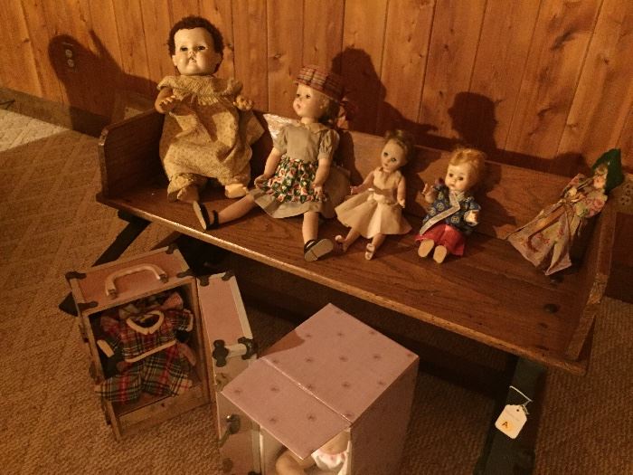 Vintage dolls, doll clothes, suitcase