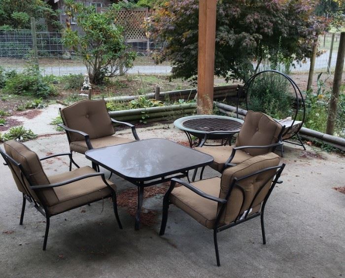 Patio table and chairs,  fire pit, wood holder