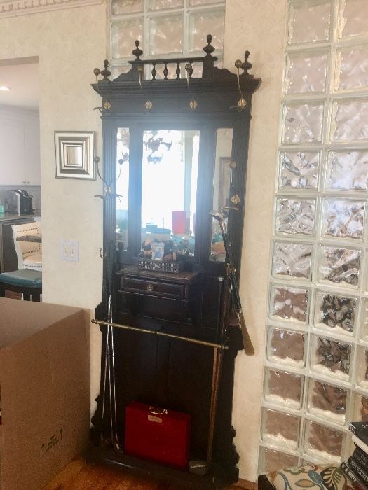 Antique small hall tree with mirror 