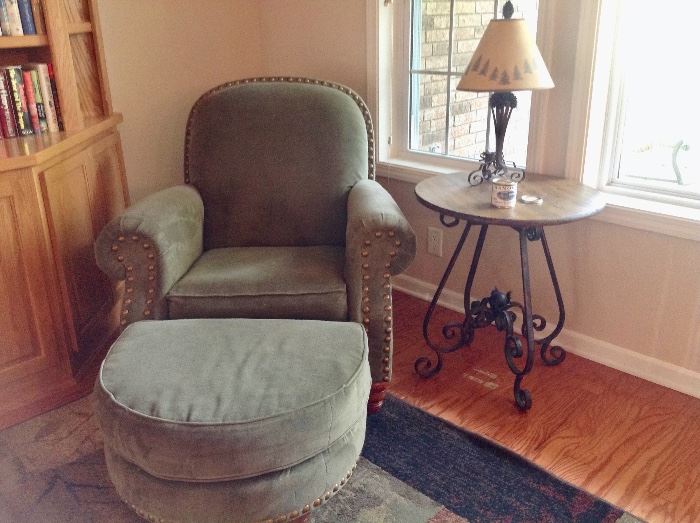 La-Z-Boy Chair & Ottoman w/Nail Head Trim, & Wrought Iron/Wood Side Table 