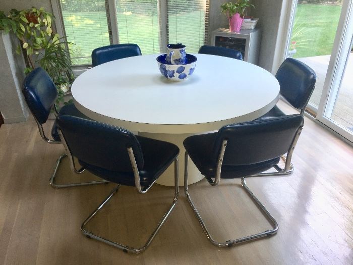 Fab vintage custom white kitchen table & 6 navy blue leather chairs 