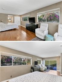 Cal King Bed (Casper Mattress) LG Flat Screen TV, Dresser, Leather Recliners, Ceramic table, throwrug