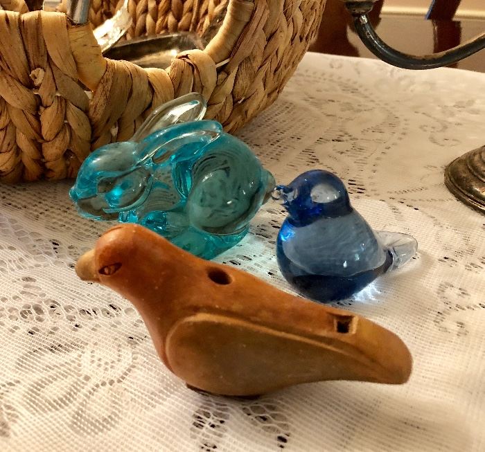 Glass figurines and pottery bird whistle