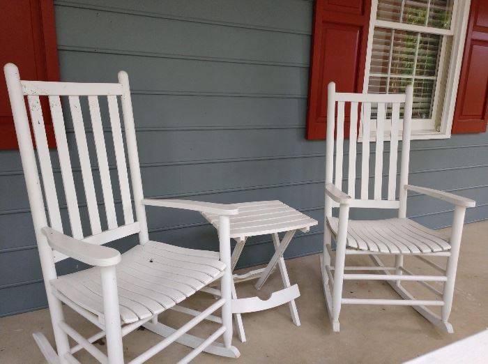 White painted wooden patio rocking chairs