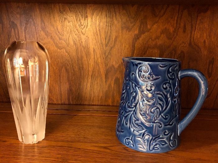 Royal Daulton vase and Blue pitcher
