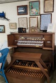 religious framed art, organ/bench