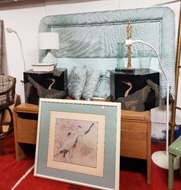 Oriental, taffeta covered headboard, pillows.  We love TEAL