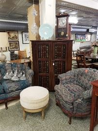 French cream stool, sofa, club chair, book shelf
