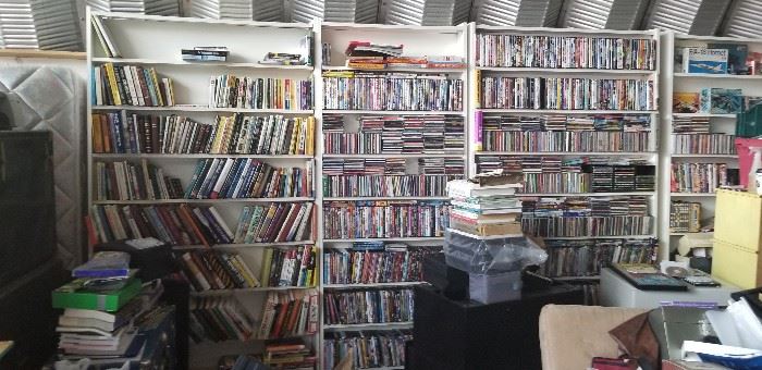 1000's of books, cds, dvds, vhs's, cassettes. Many new (Unopened) A lot of rare titles. 