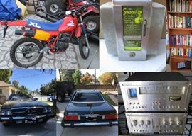 560 SL MERCEDES, MARANTZ STEREO SYSTEM, HONDA XL350R MOTORCYCLE, "ASK SWAMI" 1 CENT COUNTER TOP FORTUNE TELLER NAPKIN HOLDER, BOOKS