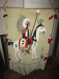 WALL HANGING ART AMERICAN INDIAN HAND PAINTED ON LEATHER SKIN