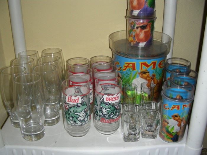 Budweiser glasses, Camel ice bucket and tumblers