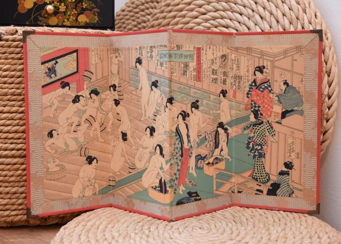 Erotic Japanese Woodblock Print Table Screen