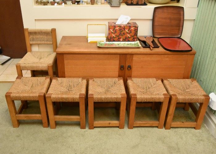 Set of 6 Wood & Rattan Low Stools (only 5 shown)