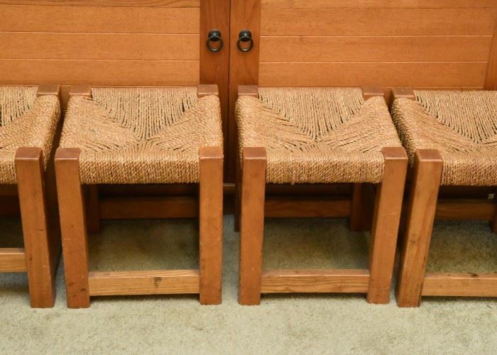 Set of 6 Wood & Rattan Low Stools (only 5 shown)