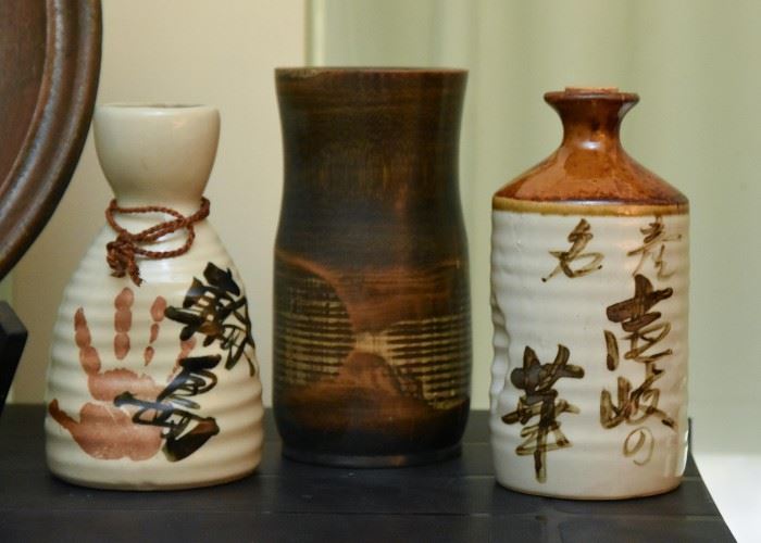 Japanese Pottery Bottles, Wooden Vase