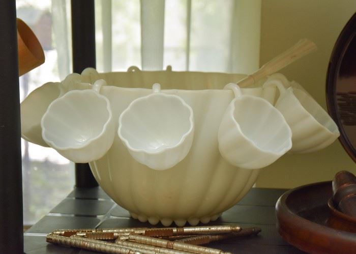 White Milk Glass Punch Bowl Set with Cups