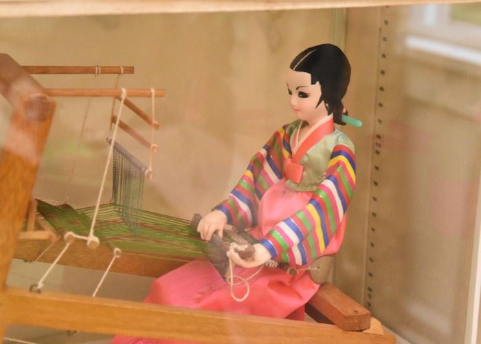Vintage Japanese Weaver Doll in Display Case