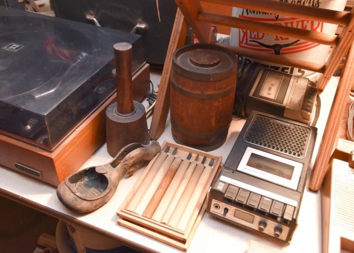 Vintage Tape Recorders, Chisels, Small Wood Barrel, Wooden Masher