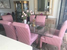 Custom made glass dining room table with 6 chairs