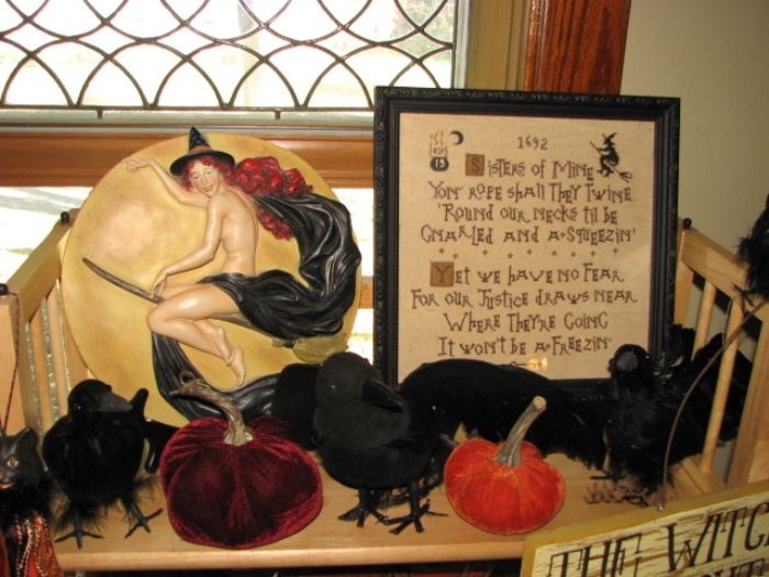 Vintage Halloween & harvest season decor, risque witch on a broom, Oath - Salem Witches, crow