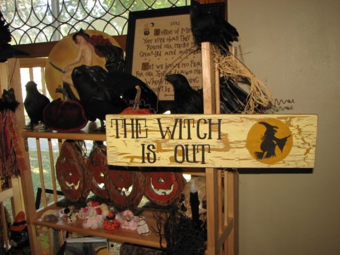 Witch sign, crow, pumpkins