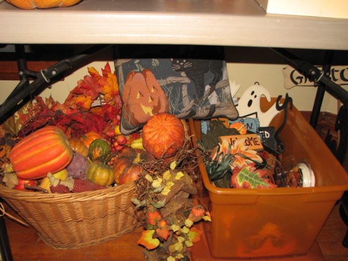 Vintage Halloween & harvest season decor including gourds, silk arrangements