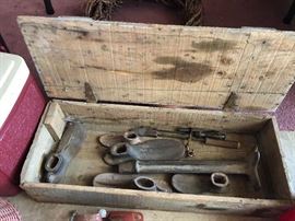 Antique Cast Iron Cobbler's shoe repair anvil set with stand and original box, 8 pcs