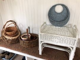 Misc baskets, white rattan bench