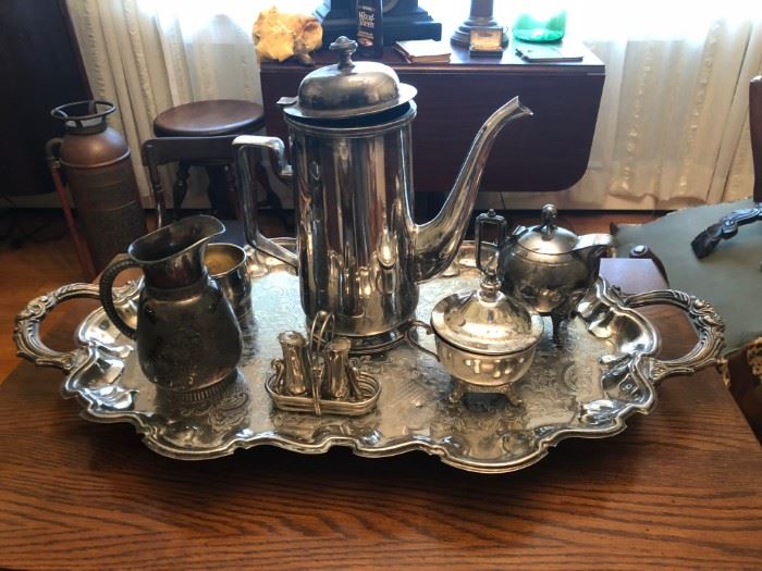 Various silver and silver plated tea set pieces and swan salt and pepper