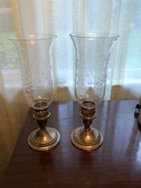 Sterling Silver Candlesticks with etched glass hurricane