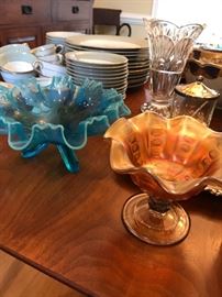 Fenton bowl and Carnival glass compote