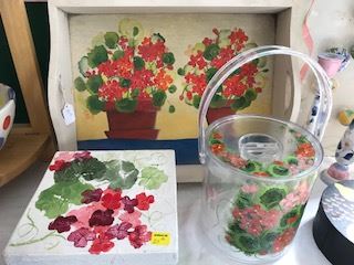 A group of hand painted flower  decorated tray, box, ice bucket