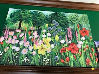 Acrylic painting of flowers  signed Julie Loftus