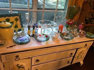 Shabby Chic Server with Hand Painted glass plates,candlestick and bowls, 